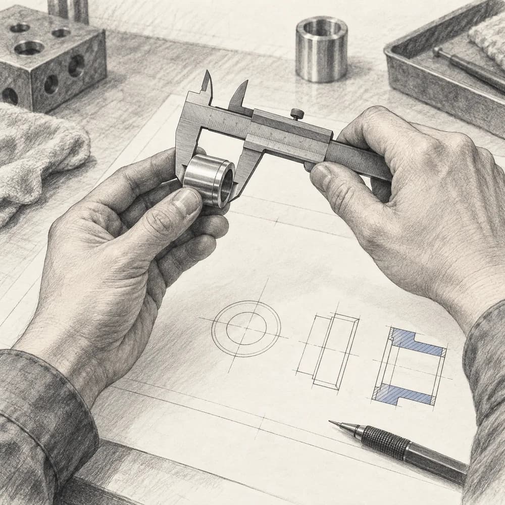 図面の上で、ノギスを使って部品の寸法を確かめる手元のイラスト